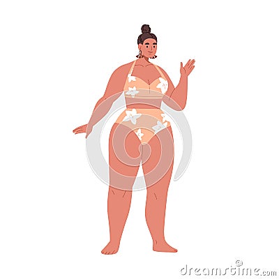 Young woman with plump fat curvy body, standing in bikini. Pretty plus-size chubby girl in swimsuit. Modern chunky Cartoon Illustration