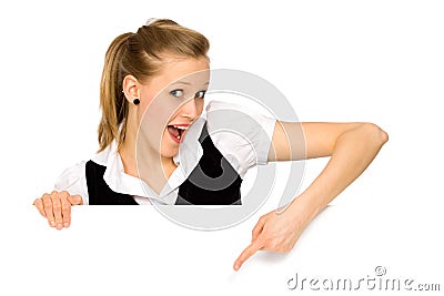 Young woman pointing at a blank board Stock Photo