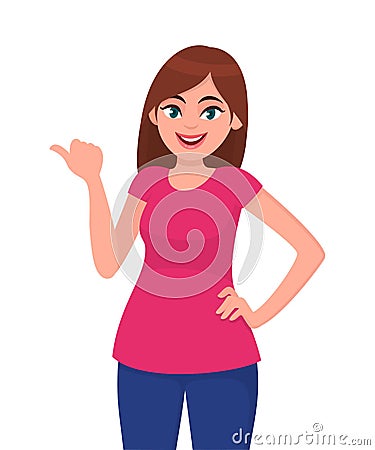 Young woman pointing thumb finger to copy space side away. Girl holding hand on hip and presenting or introducing something. Vector Illustration