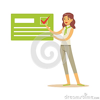 Young woman pointing to an agitation poster, political agitation campaign vector Illustration Vector Illustration