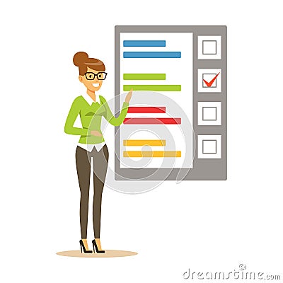 Young woman pointing to a poster with the results of voting vector Illustration Vector Illustration