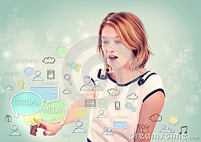 Young woman pointing to social media concepts Stock Photo