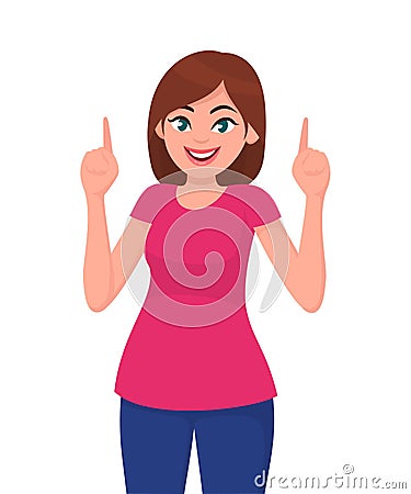 Young woman pointing index finger up at copy space and smiling. Human emotion and body language concept illustration in vector. Vector Illustration