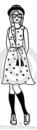 Young woman in polka dot dress. Fashion sketch Vector Illustration