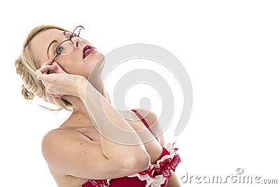 Young Woman Posing in Red Lingerie Wearing Glasses Stock Photo