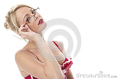 Young Woman Posing in Red Lingerie Wearing glasses Stock Photo