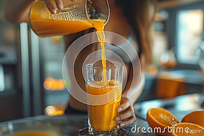 A young woman pours orange juice into a glass Stock Photo