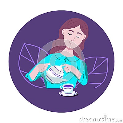 Young woman pours tea Vector Illustration