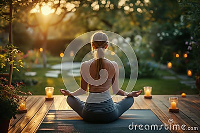 Young woman practicing breathing yoga pranayama outdoors on wooden terrace surrounded with candles, on early morning. Unity with Stock Photo