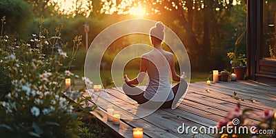 Young woman practicing breathing yoga pranayama outdoors on wooden terrace surrounded with candles, on early morning. Unity with Stock Photo