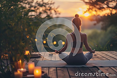 Young woman practicing breathing yoga pranayama outdoors on wooden terrace surrounded with candles, on early morning. Unity with Stock Photo