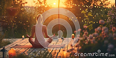 Young woman practicing breathing yoga pranayama outdoors on wooden terrace surrounded with candles, on early morning. Unity with Stock Photo