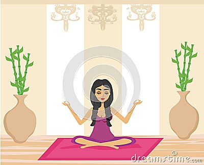 Young woman practicing yoga indoors Vector Illustration