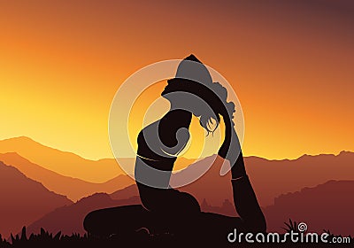 Yoga background. Young woman practicing yoga on mountain, silhouette - vector illustration Vector Illustration