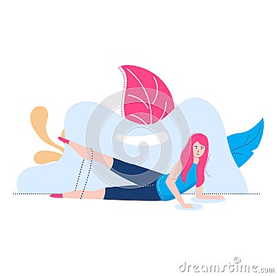 Young woman practicing yoga, stretching, smiling in a side plank pose. Female engaged in physical fitness, sporting Vector Illustration