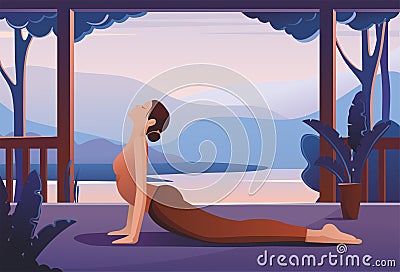 Young woman practising yoga against a tropical landscape Vector Illustration