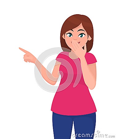 Young woman presenting a copy space and closed/covering mouth by hand. Human emotion and body language concept illustration. Vector Illustration