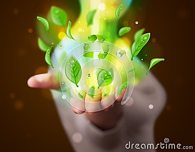 Young woman presenting eco green leaf recycle energy concept Stock Photo