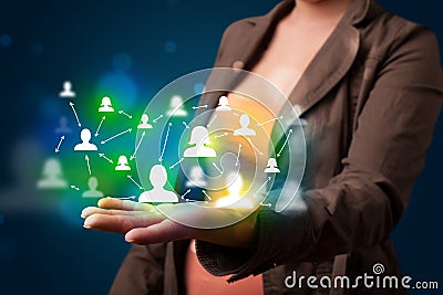 Young woman presenting modern technology social network map Stock Photo