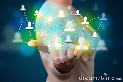 Young woman presenting modern technology social network map Stock Photo