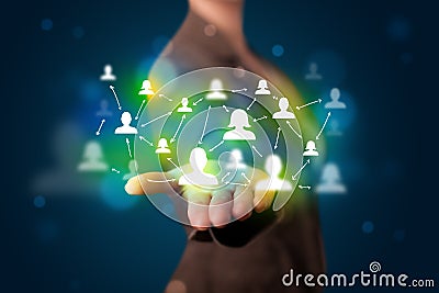 Young woman presenting modern technology social network map Stock Photo