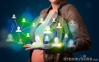 Young woman presenting modern technology social network map Stock Photo