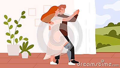 Young woman with prosthetic leg and man dancing modern romantic dance at home room Vector Illustration