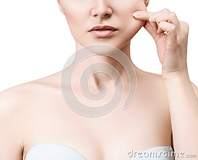 Young woman pulls cheek`s skin. Stock Photo