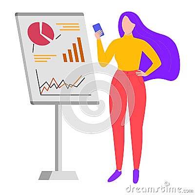 Young woman with purple hair standing next to a presentation board with charts. Professional female presenter with a Vector Illustration