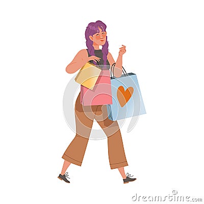 Young Woman with Purple Hair Walking with Shopping Bag Vector Illustration Vector Illustration