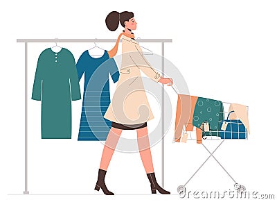 Young woman pushes cart full of goods. Sale, fashion, shopaholic concept Vector Illustration