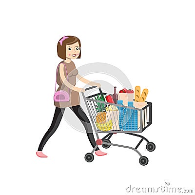 Young woman pushing supermarket shopping cart full of groceries. Flat style vector illustration isolated on white background Vector Illustration