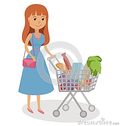 Young woman pushing supermarket shopping cart full of groceries. Flat style vector illustration on white background. Vector Illustration