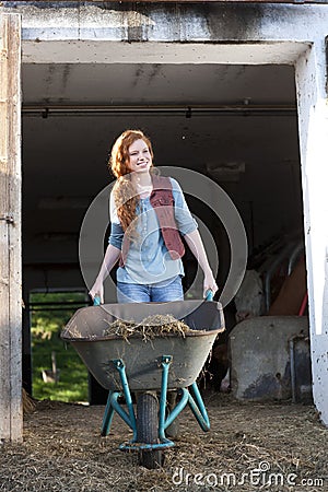 Young woman pushs a wheelbarrow Stock Photo