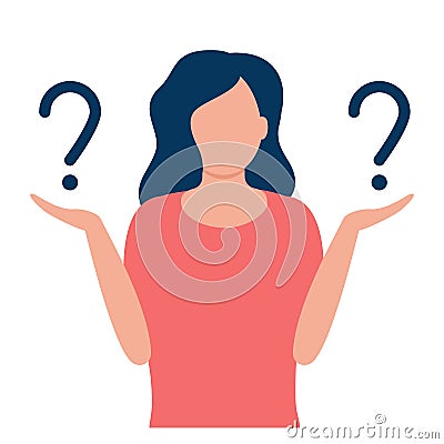 Young woman with question marks. Comparison, ratio, choice, contrast, hopeless. Woman thinks or solves problem. Pensive Vector Illustration