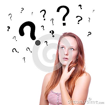 Young woman with question marks Stock Photo