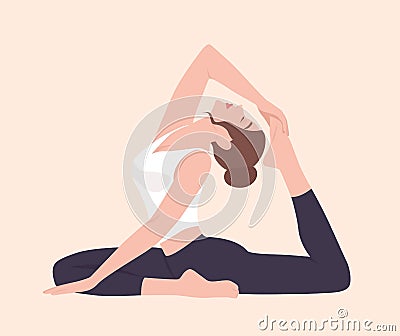 Young woman in Raja Kapotasana posture or King Pigeon Pose. Female cartoon character practicing yoga. Yogi girl Vector Illustration