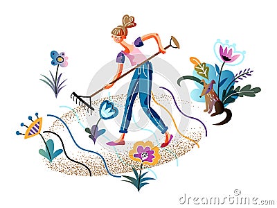 Young woman raking enjoy spring gardening time Vector Illustration