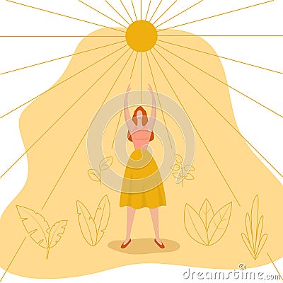 Young woman reaches for the sun. Feminist concept. International Women Day greeting card. Girl power, strong women. Vector Illustration