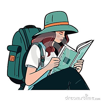 Young woman reading book while backpacking adventure Vector Illustration