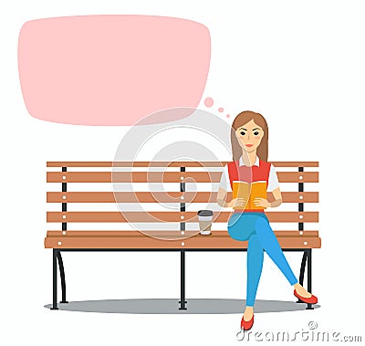 Young woman reading book on the bench. Vector Illustration
