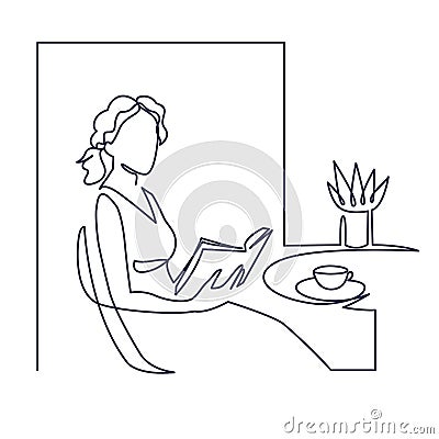 Young woman reading book continuous one line vector drawing Vector Illustration