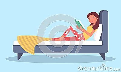 Young woman reading book before going to sleep Vector Illustration