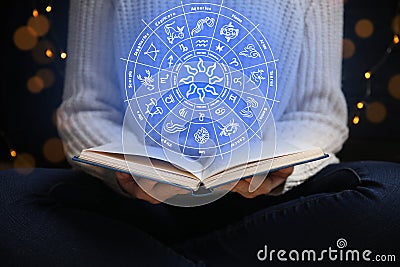 Woman reading book at home and illustration of zodiac wheel with astrological signs Cartoon Illustration