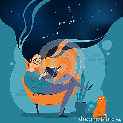 Young woman reading a book sitting in an armchair. Astronomy study concept, vector illustration Vector Illustration