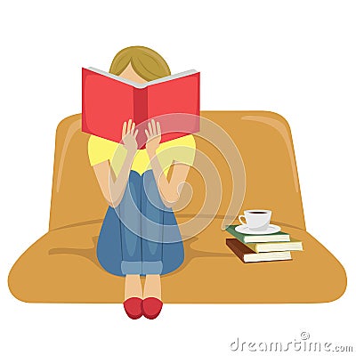 Young woman reading book sitting on sofa with a cup of tea on stack of books Vector Illustration