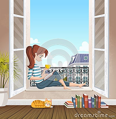 Young woman reading book in the window. Drinking tea and reading in the city. Vector Illustration