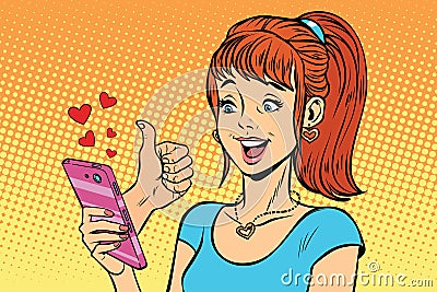 Young woman reading smartphone online like, love and support Vector Illustration