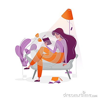 Young woman reads a book on couch at cozy home. The girl sitting on the sofa, reading a book and resting. Female daily Vector Illustration