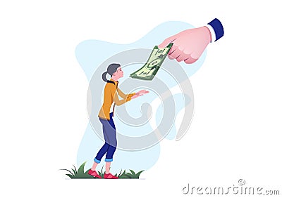 Young woman receiving cash from a giant hand, financial aid concept. Generous donor giving money to a grateful recipient Stock Photo